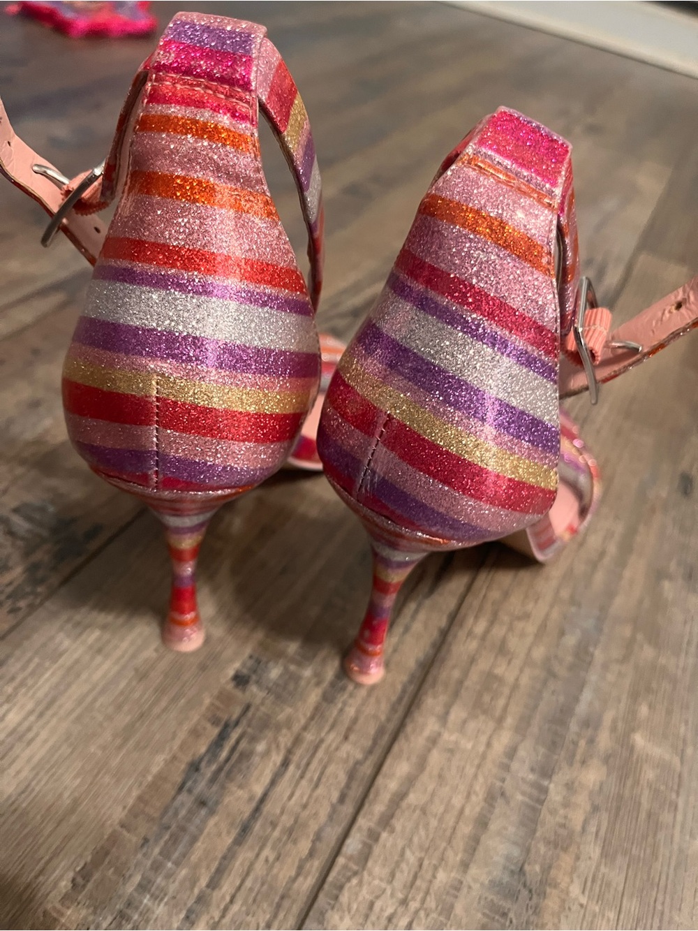 Katy Perry Collections Pink Red Orange Striped Ankle Strap Heels - Picture 3 of 4